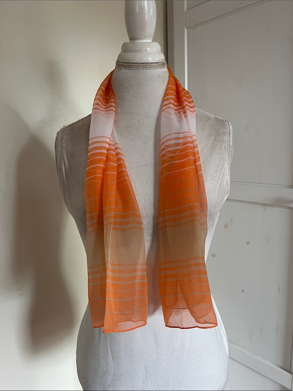 Vintage Burmel Sheer Orange White Ombre Striped Silk Scarf Hand Rolled Japan